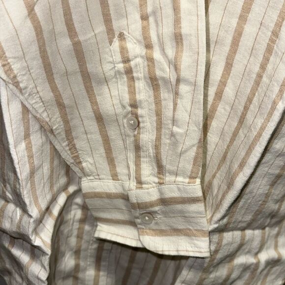 aerie XS Ivory Tan Vertical Stripe Pool-to-Party Linen Blend Cover up Shirt - Picture 15 of 17